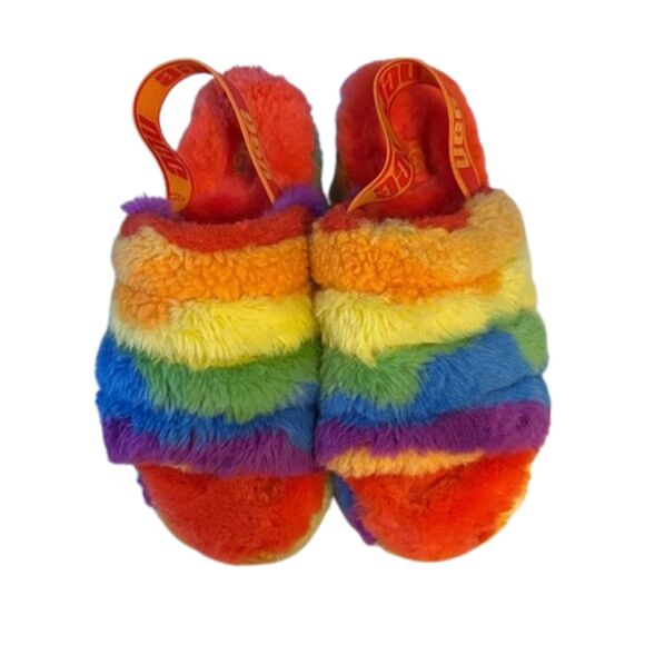 UGG Fluff Yeah Slide Sandel Slip On Rainbow Pride Colorful Size 7 Shearling - Picture 1 of 10